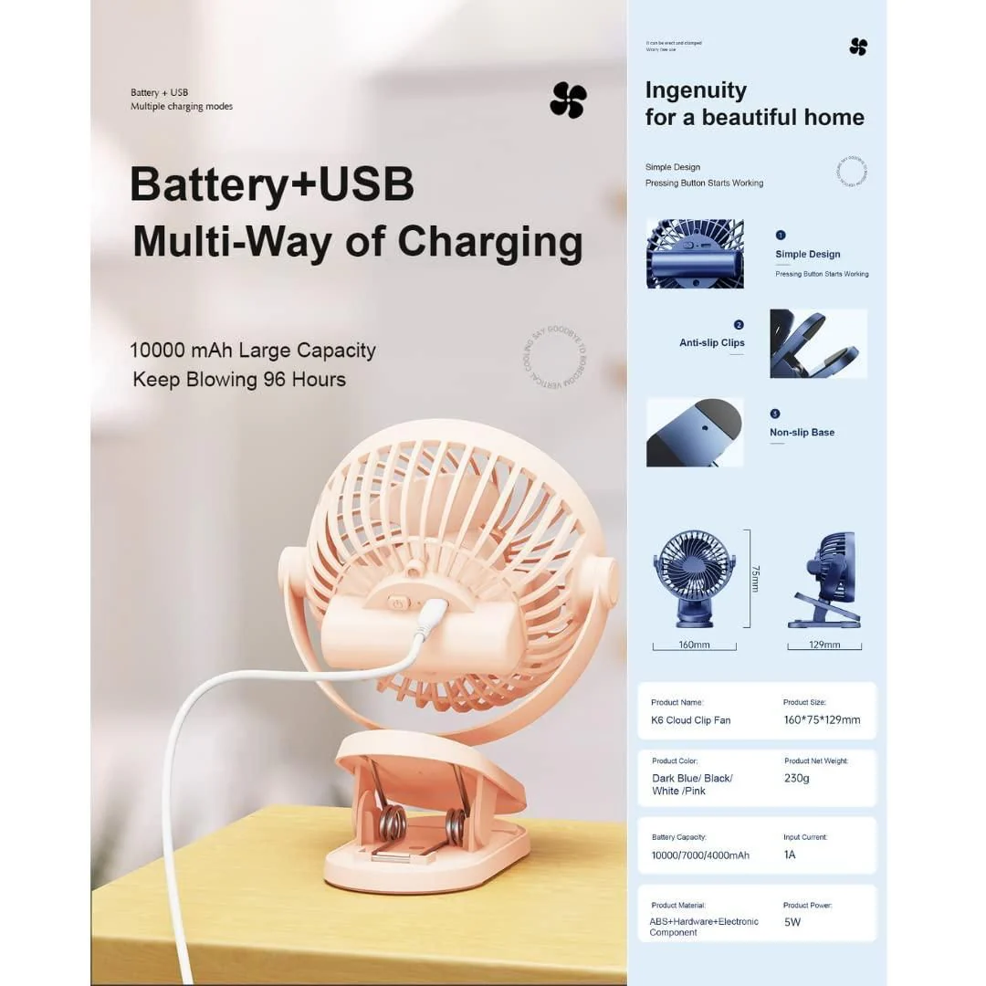 3 Speeds Portable Desk Fan, 10000mAh Rechargeable - Image 4